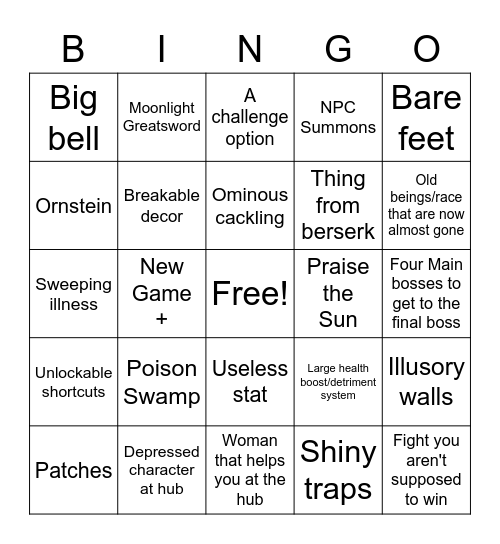 Soulsborne Bingo Card