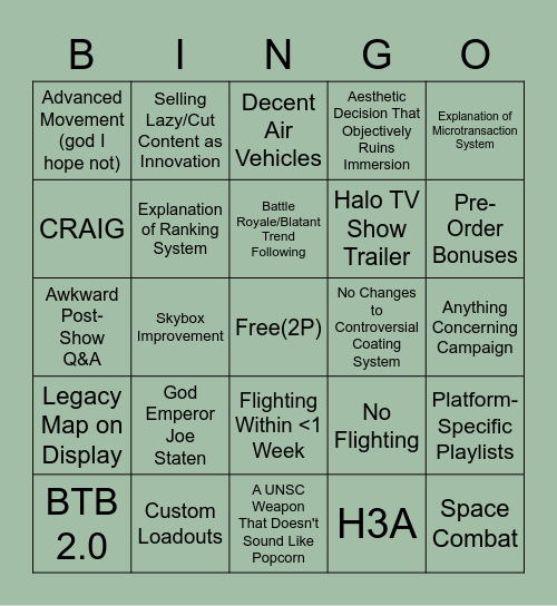 HALO INFINITE ETHRIZZLE 2021 Bingo Card