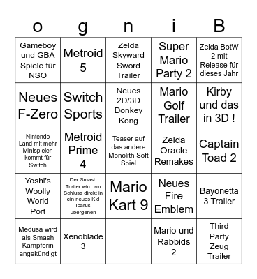 Nintendo E3 Bingo Card