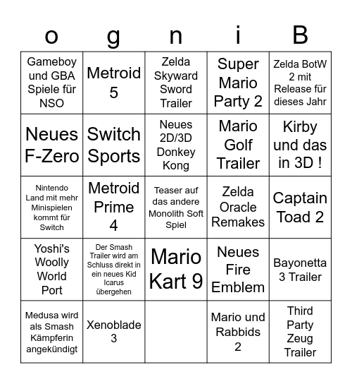 Nintendo E3 Bingo Card