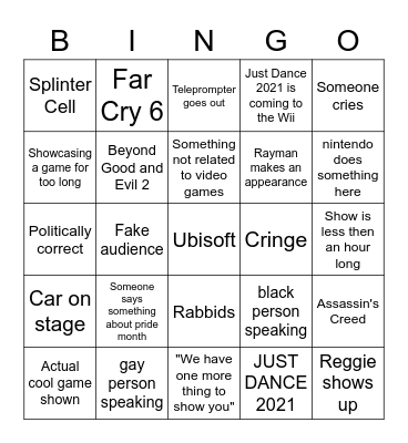 Ubisoft E3 2021 Bingo Card