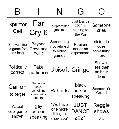 Ubisoft E3 2021 Bingo Card