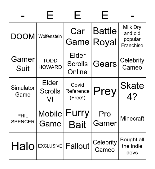 Xbox & Bethesda Bingo Card