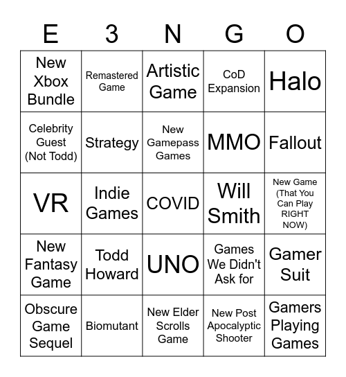 XBox/Bethesda Card Bingo Card