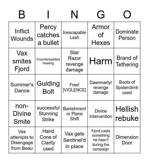 Sarenrae, Wildmother, I Crave Violence [Critical Role VM x M9] Bingo Card