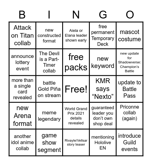 Shadowverse 5th Anniversary Stream Bingo Card