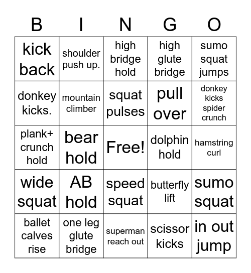 Workout Bingo (30secs per square) Bingo Card