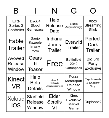 Xbox E3 2021 Bingo Card