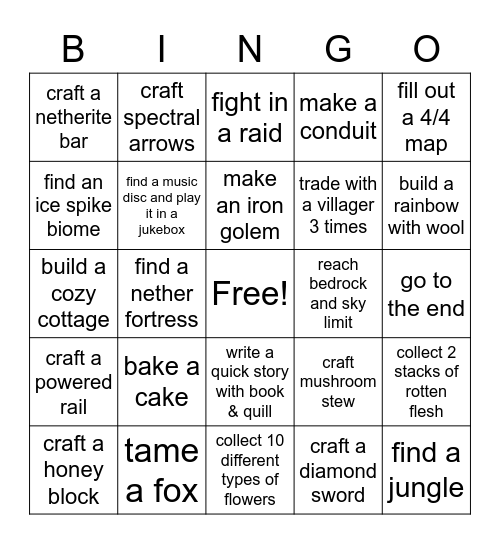 Minecraft Challenge Bingo Card