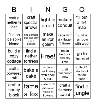 Minecraft Challenge Bingo Card