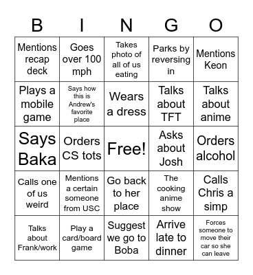 Carolyn Bingo Card