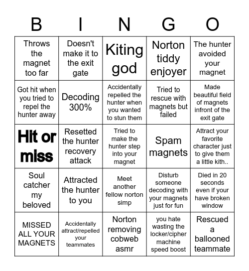 Norton Main Bingo Card