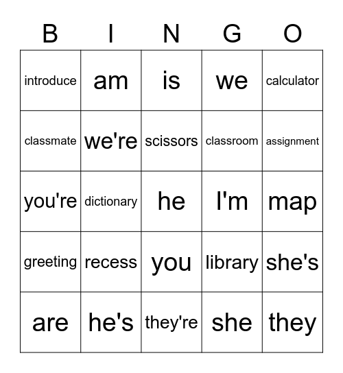 Lesson 1 Bingo Card
