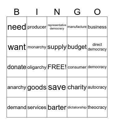 Government and Economics Bingo Card