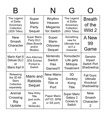 Nintendo E3 Bingo Card