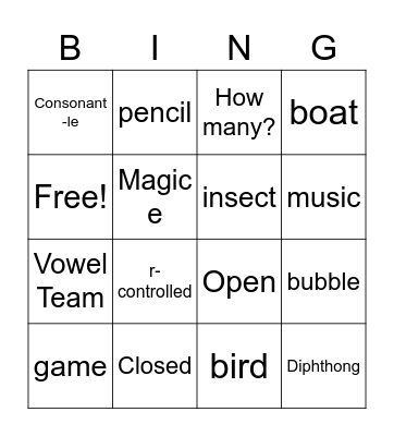 Syllable Bingo Card