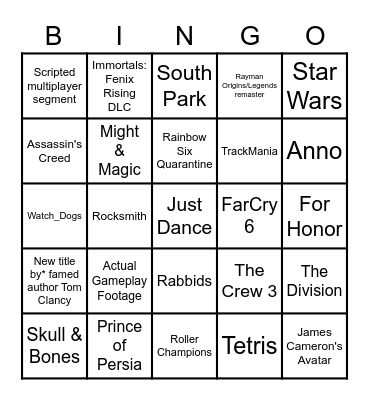 Ubisoft E3 2021 Bingo Card