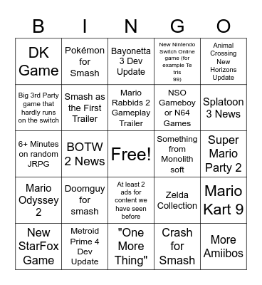 NINTENDO E3 Bingo Card