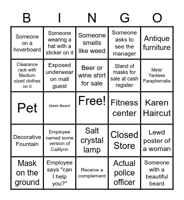 Pandemic Mall Bingo Card