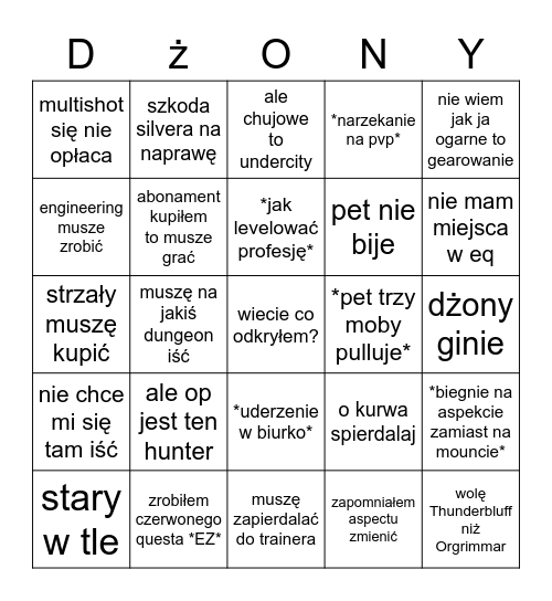 Brajan Hunter Gameplay Bingo Card