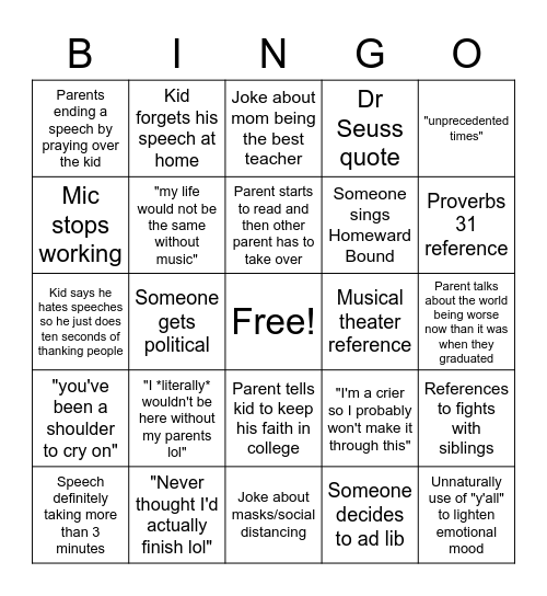 Graduation Bingo Card