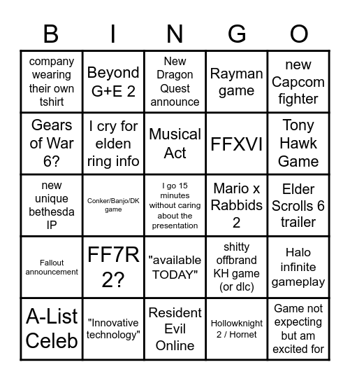 E3 general BINGO Card