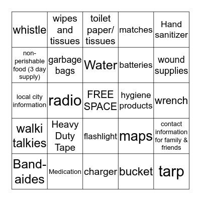 Emergency Preparedness BINGO Card