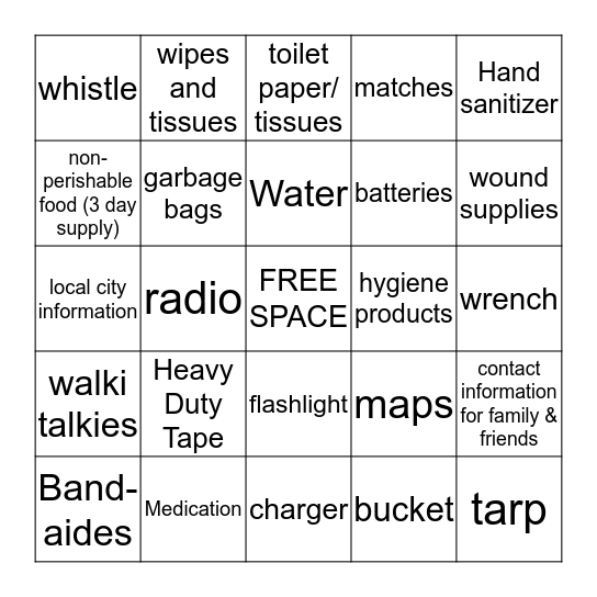 Emergency Preparedness BINGO Card