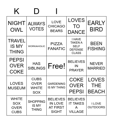 KDI SINGLES MINGLE ICE BREAKER Bingo Card