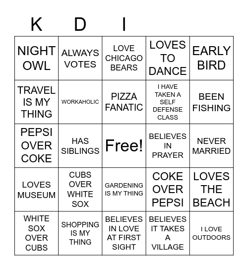 KDI SINGLES MINGLE ICE BREAKER Bingo Card