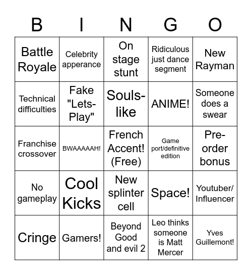 Ubisoft Conference Bingo Card