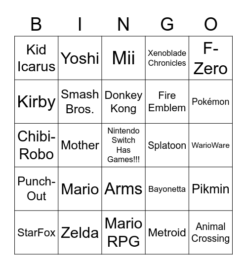 Nintendo IPs Bingo Card