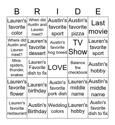 Lauren and Austin - June 13, 2015 Bingo Card