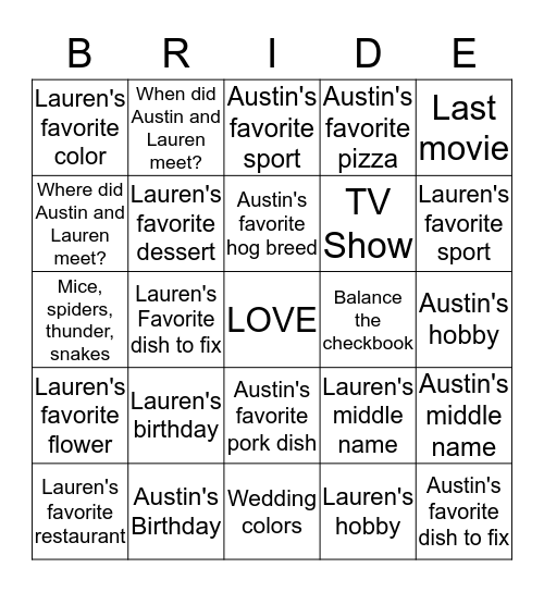 Lauren and Austin - June 13, 2015 Bingo Card