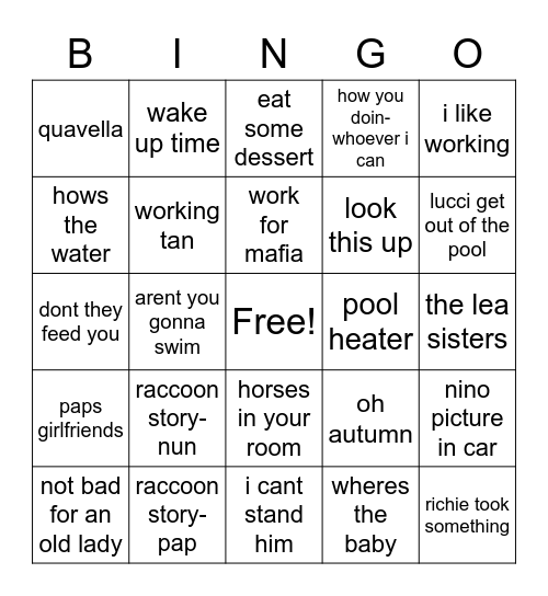 Nun and Pap Bingo Card