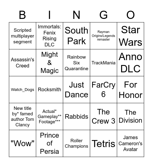 Ubisoft E3 2021 Bingo Card