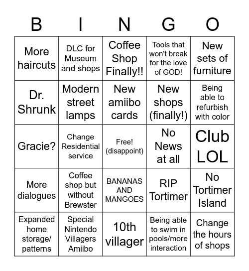 Hope/Expectation for ACNH E3 Bingo Card