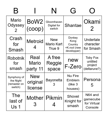 Nintendo Road to Redemption 2021 Bingo Card