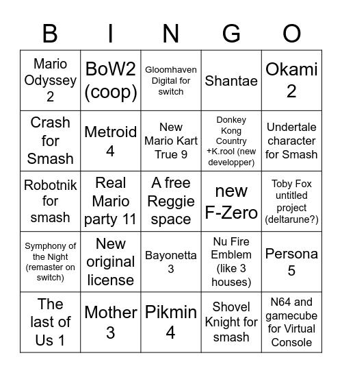Nintendo Road to Redemption 2021 Bingo Card