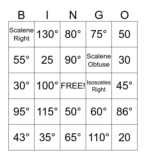 Angles of a Triangle Bingo Card