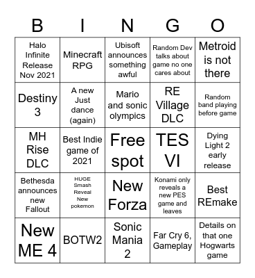 E3 2021 Bingo Card