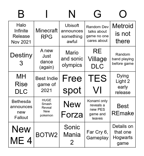 E3 2021 Bingo Card