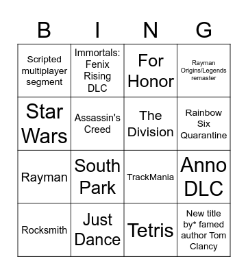 Ubisoft E3 2021 Bingo Card