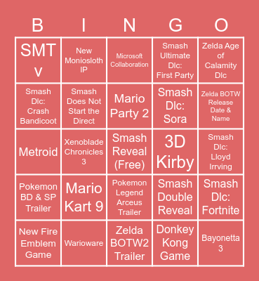 Nintendo Direct E3 2021 Bingo Card