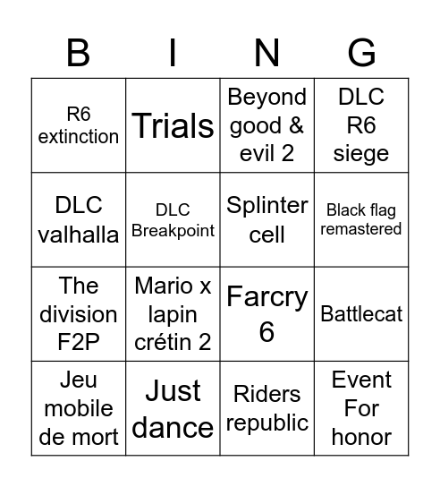 Ubisoft forward Bingo Card