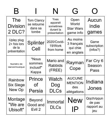 Ubisoft Forward Bingo Card