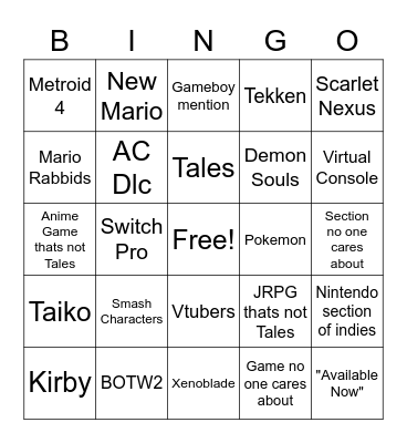 Nintendo and Bandai Bingo Card