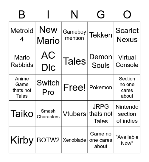 Nintendo and Bandai Bingo Card