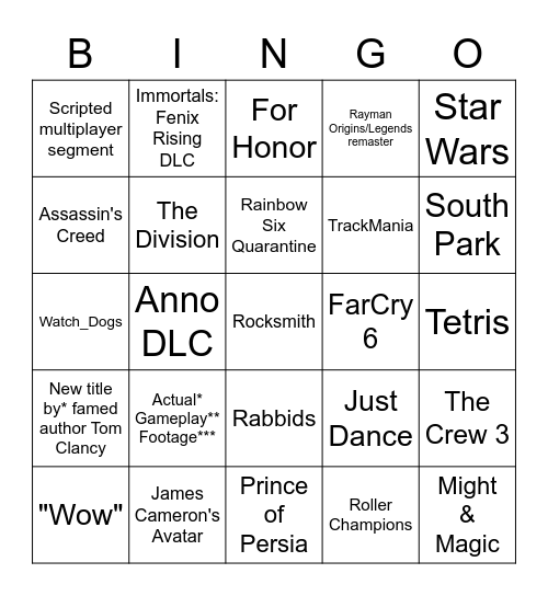 Ubisoft E3 2021 Bingo Card