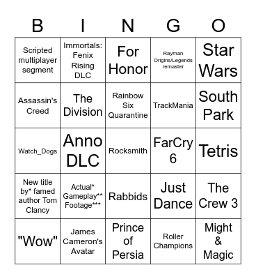 Ubisoft E3 2021 Bingo Card